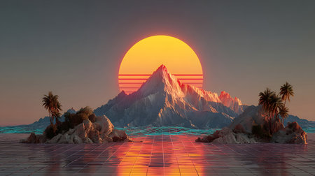 Retro vaporwave background with neon grid and nostalgic 80s style. Great for music visuals, or creative web designs.の写真素材