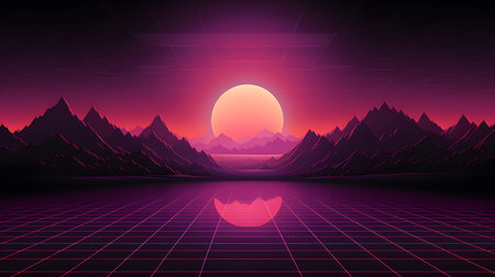 Retro vaporwave background with neon grid and nostalgic 80s style. Great for music visuals, YouTube...
