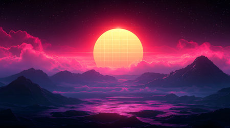 Retro vaporwave background with neon grid and nostalgic 80s style. Great for music visuals, YouTube...