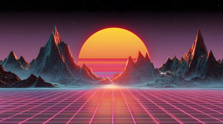 Retro vaporwave background with neon grid and nostalgic 80s style. Great for music visuals, YouTube...