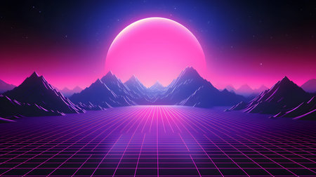 Retro vaporwave background with neon grid and nostalgic 80s style. Great for music visuals, YouTube...