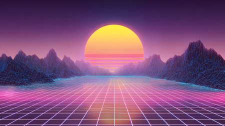 Retro vaporwave background with neon grid and nostalgic 80s style. Great for music visuals, YouTube...