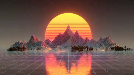 Retro vaporwave background with neon grid and nostalgic 80s style. Great for music visuals, YouTube art, or creative web designs.の写真素材