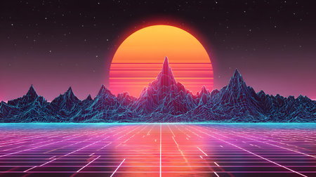 Retro vaporwave background with neon grid and nostalgic 80s style. Great for music visuals, YouTube art, or creative web designs.の写真素材