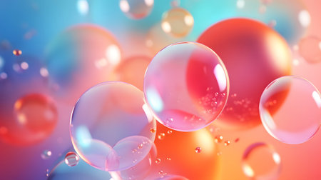 Glossy liquid bubbles floating in colorful abstract space. Ideal for playful visuals, cosmetic...
