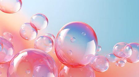 Glossy liquid bubbles floating in colorful abstract space. Ideal for playful visuals, cosmetic...