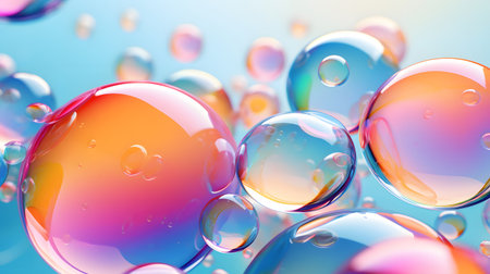 Glossy liquid bubbles floating in colorful abstract space. Ideal for playful visuals, cosmetic design, or dreamy web elements.の写真素材