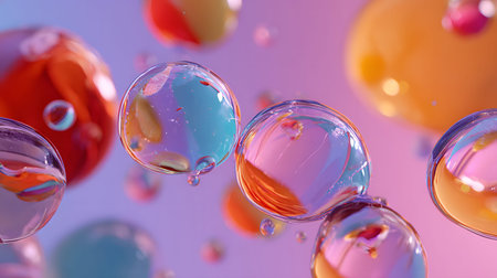 Glossy liquid bubbles floating in colorful abstract space. Ideal for playful visuals, cosmetic...
