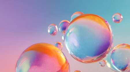 Glossy liquid bubbles floating in colorful abstract space. Ideal for playful visuals, cosmetic design, or dreamy web elements.の写真素材