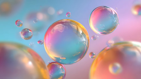 Glossy liquid bubbles floating in colorful abstract space. Ideal for playful visuals, cosmetic...