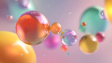 Glossy liquid bubbles floating in colorful abstract space. Ideal for playful visuals, cosmetic design, or dreamy web elements.の写真素材