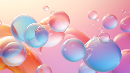 Glossy liquid bubbles floating in colorful abstract space. Ideal for playful visuals, cosmetic...