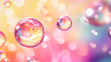 Glossy liquid bubbles floating in colorful abstract space. Ideal for playful visuals, cosmetic...