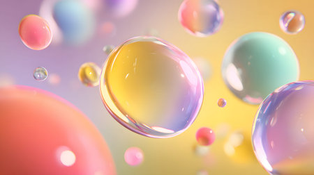 Glossy liquid bubbles floating in colorful abstract space. Ideal for playful visuals, cosmetic...