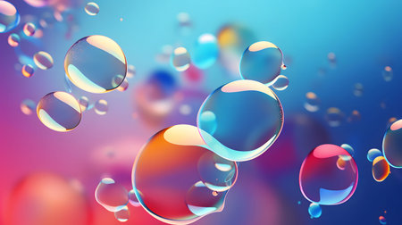 Glossy liquid bubbles floating in colorful abstract space. Ideal for playful visuals, cosmetic...