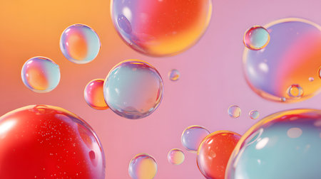 Glossy liquid bubbles floating in colorful abstract space. Ideal for playful visuals, cosmetic design, or dreamy web elements.の写真素材