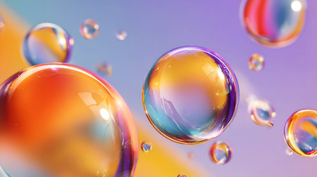 Glossy liquid bubbles floating in colorful abstract space. Ideal for playful visuals, cosmetic design, or dreamy web elements.の写真素材