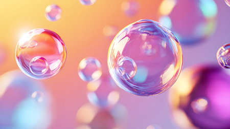 Glossy liquid bubbles floating in colorful abstract space. Ideal for playful visuals, cosmetic...