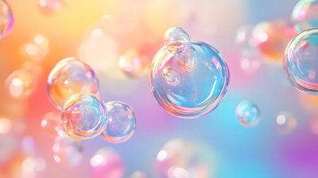Glossy liquid bubbles floating in colorful abstract space. Ideal for playful visuals, cosmetic...