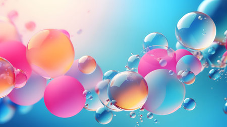 Glossy liquid bubbles floating in colorful abstract space. Ideal for playful visuals, cosmetic...