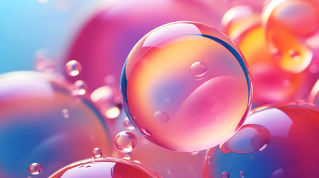 Glossy liquid bubbles floating in colorful abstract space. Ideal for playful visuals, cosmetic...