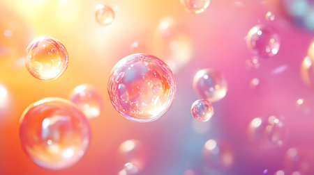 Glossy liquid bubbles floating in colorful abstract space. Ideal for playful visuals, cosmetic...