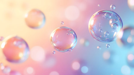 Glossy liquid bubbles floating in colorful abstract space. Ideal for playful visuals, cosmetic...