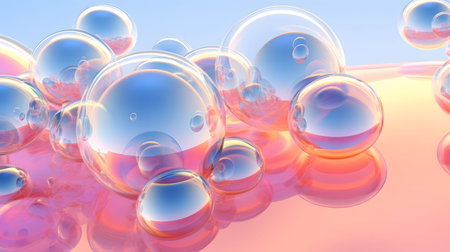 Glossy liquid bubbles floating in colorful abstract space. Ideal for playful visuals, cosmetic...