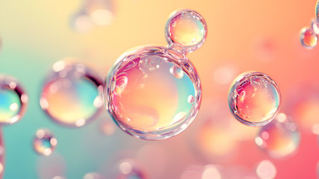 Glossy liquid bubbles floating in colorful abstract space. Ideal for playful visuals, cosmetic design, or dreamy web elements.の写真素材
