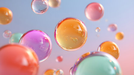 Glossy liquid bubbles floating in colorful abstract space. Ideal for playful visuals, cosmetic design, or dreamy web elements.の写真素材