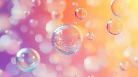 Glossy liquid bubbles floating in colorful abstract space. Ideal for playful visuals, cosmetic...