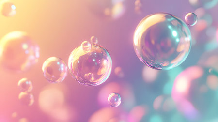 Glossy liquid bubbles floating in colorful abstract space. Ideal for playful visuals, cosmetic...