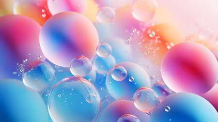 Glossy liquid bubbles floating in colorful abstract space. Ideal for playful visuals, cosmetic...