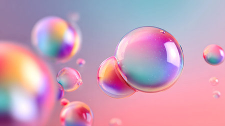 Glossy liquid bubbles floating in colorful abstract space. Ideal for playful visuals, cosmetic...