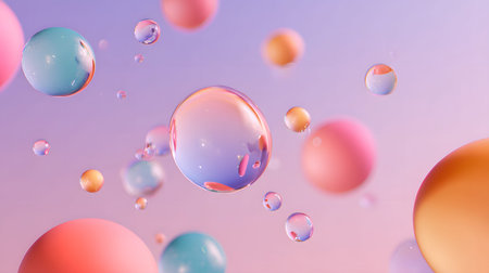 Glossy liquid bubbles floating in colorful abstract space. Ideal for playful visuals, cosmetic...