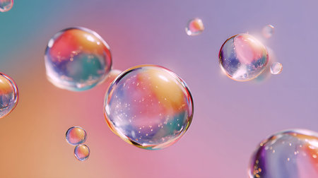 Glossy liquid bubbles floating in colorful abstract space. Ideal for playful visuals, cosmetic...