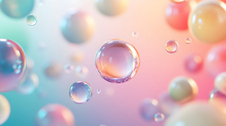 Glossy liquid bubbles floating in colorful abstract space. Ideal for playful visuals, cosmetic...