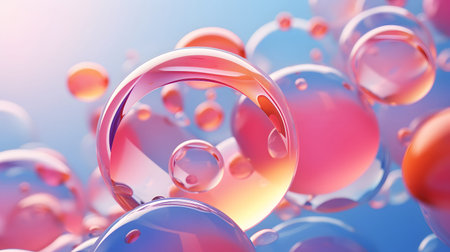 Glossy liquid bubbles floating in colorful abstract space. Ideal for playful visuals, cosmetic...