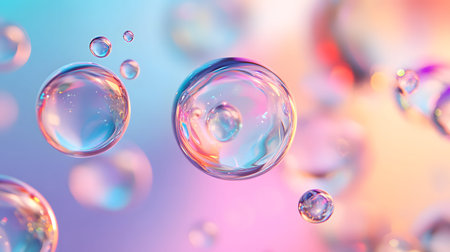 Glossy liquid bubbles floating in colorful abstract space. Ideal for playful visuals, cosmetic...