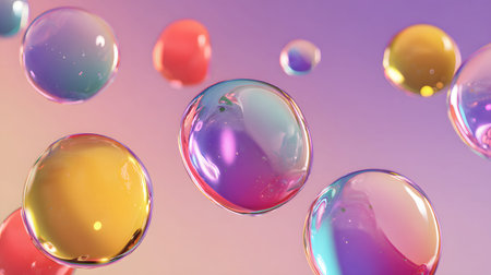 Glossy liquid bubbles floating in colorful abstract space. Ideal for playful visuals, cosmetic...