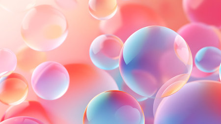 Glossy liquid bubbles floating in colorful abstract space. Ideal for playful visuals, cosmetic...