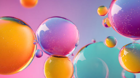 Glossy liquid bubbles floating in colorful abstract space. Ideal for playful visuals, cosmetic...
