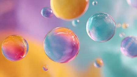 Glossy liquid bubbles floating in colorful abstract space. Ideal for playful visuals, cosmetic...