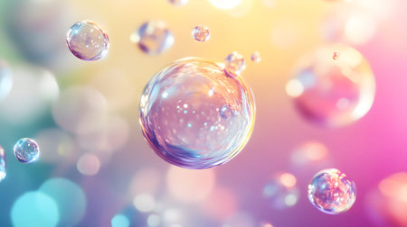 Glossy liquid bubbles floating in colorful abstract space. Ideal for playful visuals, cosmetic...
