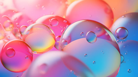 Glossy liquid bubbles floating in colorful abstract space. Ideal for playful visuals, cosmetic...
