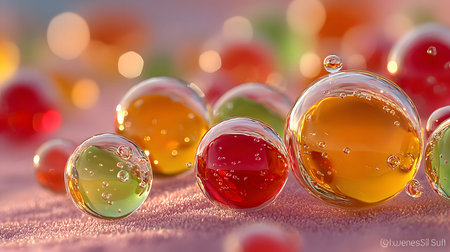 Glossy liquid bubbles floating in colorful abstract space. Ideal for playful visuals, cosmetic...