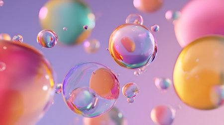 Glossy liquid bubbles floating in colorful abstract space. Ideal for playful visuals, cosmetic design, or dreamy web elements.の写真素材