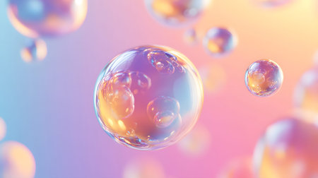 Glossy liquid bubbles floating in colorful abstract space. Ideal for playful visuals, cosmetic...