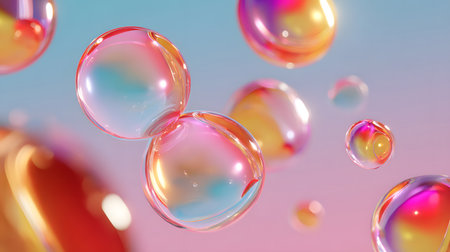 Glossy liquid bubbles floating in colorful abstract space. Ideal for playful visuals, cosmetic design, or dreamy web elements.の写真素材