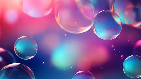Glossy liquid bubbles floating in colorful abstract space. Ideal for playful visuals, cosmetic...